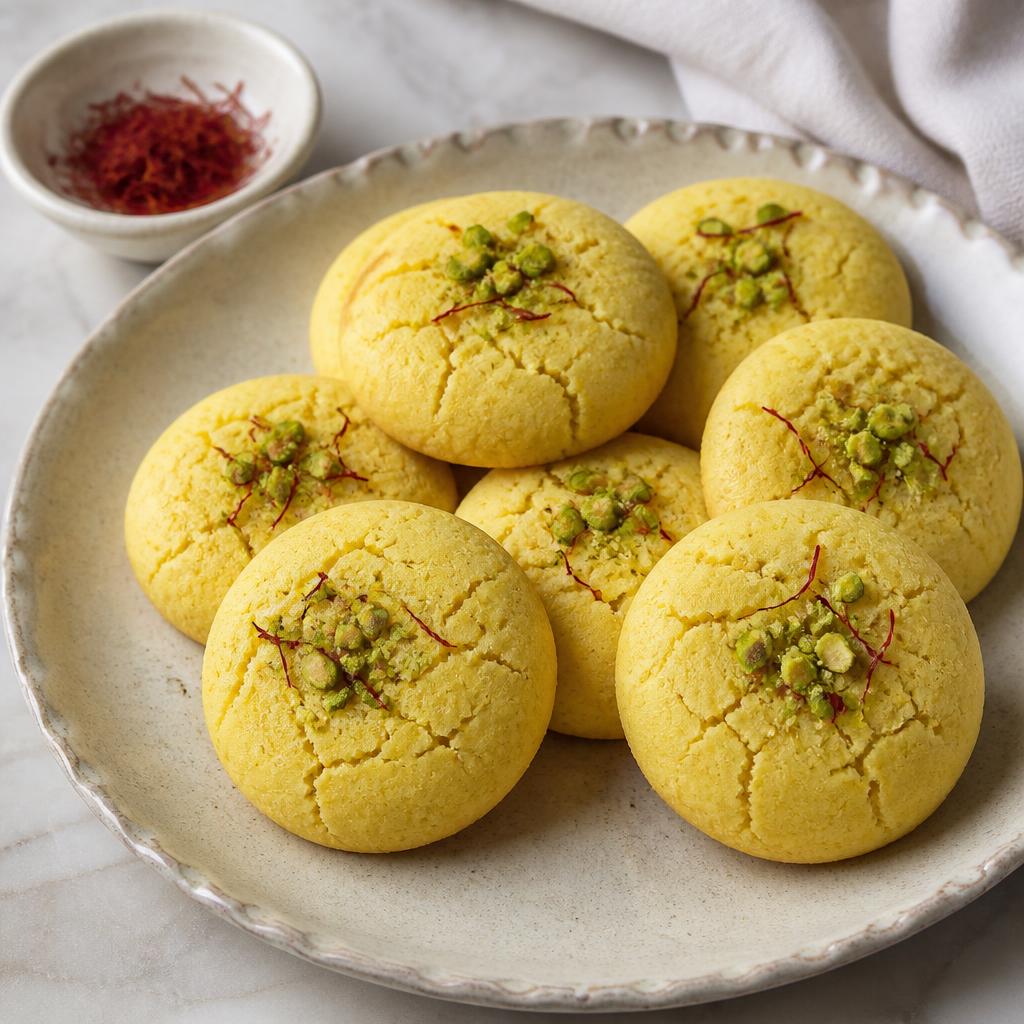 Kesar pista cookies on a rustic board